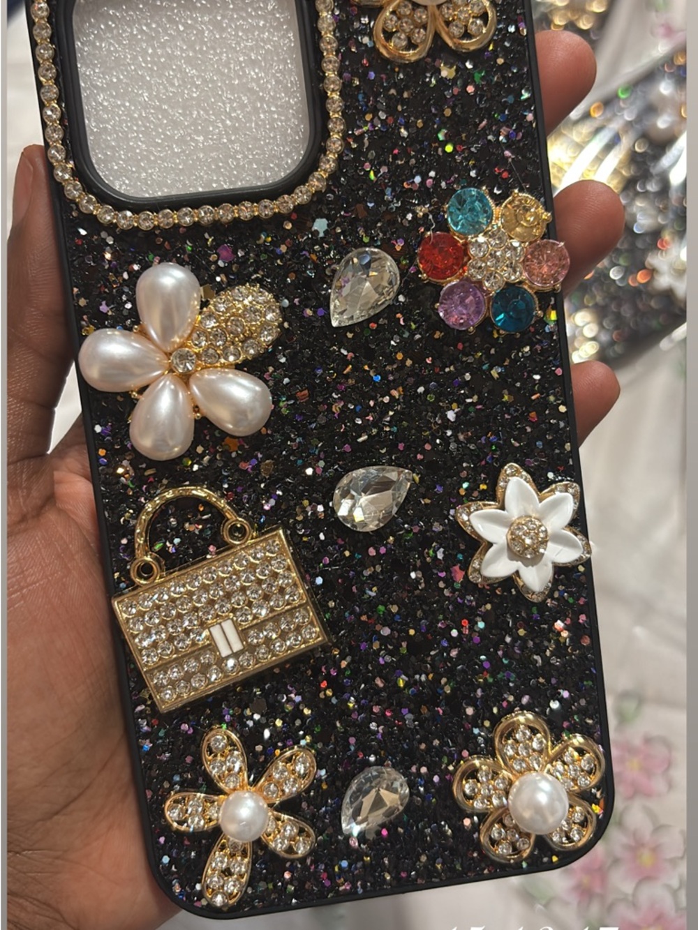 Luxury Black Glitter Floral & Pearl Crystal Phone Case